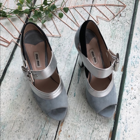 Miu Miu 38.5 Mary Jane pump heels silver grey leather suede buckle luxury Italy - Picture 3 of 9